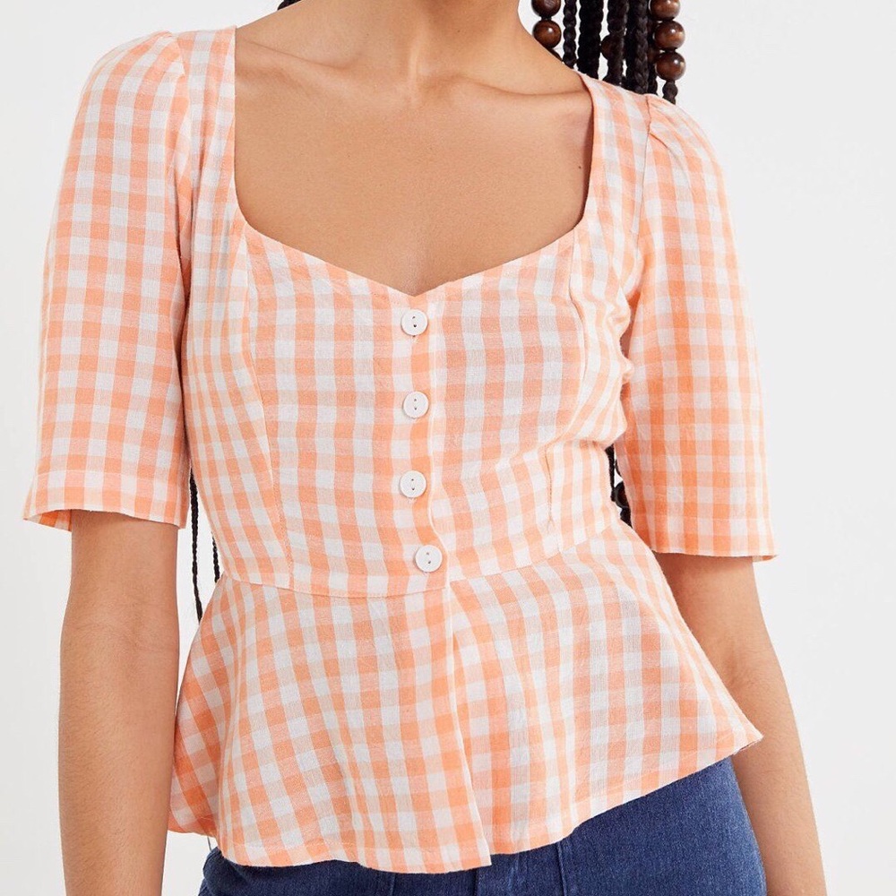 UO Peplum Gingham Button Up Top